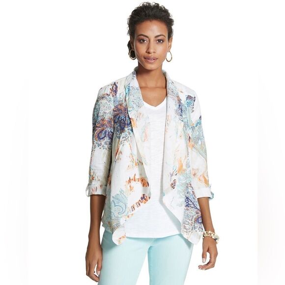 Francesca Paisley Print Open Front 100 % Linen Jacket Size L - Picture 2 of 9
